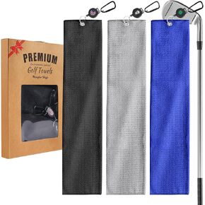 FINGER TEN Golf Towels for Golf Bags with Strong Magnetic Retractable Carabiner 24''X16'' Lightweight Absorbent Microfiber Waffle Pattern Tri-Fold Towel for Women Men (Black&Gray&Blue-3 Pack)