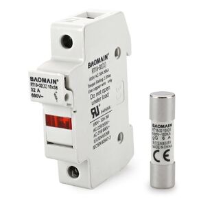 Baomain Cylindrical Fuse Holder RT18-32(X) 10mm X 38mm Fuse Base Single Pole DIN Rail Mount with 10 PCS of RO15 Fuse(6 Amp) CE Listed