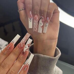 24 Pcs French Tip Press on Nails Long Coffin Christmas Fake Nails Designs Christmas Glue on Nails for Women Girls Cute Elk False Nails Acrylic Nails Long Ballerina Nail Tips Rhinestone Nails Press on