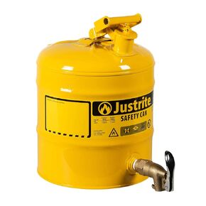 Justrite 7150250 Type I Galvanized Steel Laboratory Safety Shelf Can with Rigid Brass Safety Bottom Faucet, 5 Gallon Capacity, Yellow