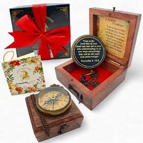 Trust in The Lord with All Your Heart Proverbs 3: 5-6 Quote Engraved Solid Brass Compass, Graduation Day, Religious Gift, First Communion, Religous Compass for Women Mens Boy Gift Wooden Box