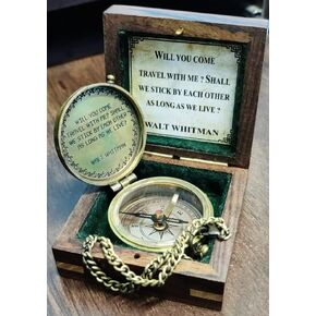 Will You Come Travel With Me? Shall We Stick By Each Other As Long As We Live? Vintage Quote Brass Compass with Wooden Box Scripture-WALT WHITMAN, Gifts Idea, Girls/Boys, Lovers, Husband, Wife, Fiancé