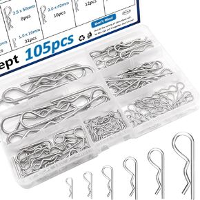 105 Pcs Cotter Pins 7-Values R Cotter Pin Assortment Kit 304 Stainless Steel Cotter Pins Hitch Pin Clip Tractor Cotter Pin Used for Hitch Pin Lock System, Trucks, Engine Hardware Pin
