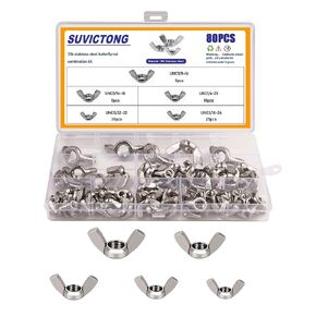 80pcs Wing Nuts,304 Stainless Steel Wingnuts 1/4-20",5/16-18",3/8"-16,5/32-32",3/16-24" Fasteners Parts Butterfly Nut,Hand Twist Tighten Hardware Nuts for Outdoor/Sports/Construction Equipment