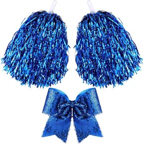 10 in Cheerleading Pom Poms and 7 Inch Large Glitter Cheer Bow Clip with Tails Royal Blue Hair Bow Cheerleading Accessories for Sport Events Dance Party Basketball Football Team