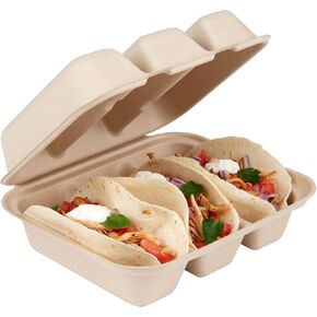 Restaurantware Pulp Safe 8 x 7.2 x 3.5 Inch Taco Clamshell Containers 50 No PFAS Added Taco Containers - Home Compostable 3-Compartment Kraft Bagasse Sugarcane Clamshell Containers Microwavable