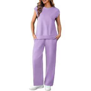 PINSPARK 2 Piece Sets for Women Summer Lounge Set Sleeveless Sweatsuit Cropped Wide Leg Pants 2025 Matching Travel Tracksuit