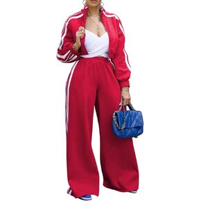 Akmipoem Sweatsuits Women 2 Piece Outfit Striped Tracksuit Long Sleeve Zipper Crop Sweatshirt Wide Leg Sweatpants Set