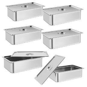 6 Pack Full Size Hotel Pan, [NSF Certified][with Lid] Commercial Stainless Steel 6Inch Deep Anti-Jamming Steam Table Pan