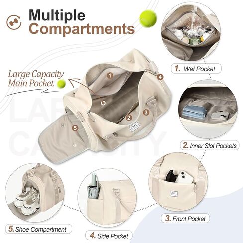 FIORETTO Womens Gym Tote Duffle Bag with Wet Pocket & Shoe Compartment, Sports Duffel Overnight Weekender Hospital Workout Carry on Bag for Girls, Ideal for Travel, Swimming, Dance, Ballet Beige in Saudi Arabia