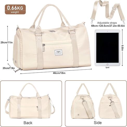 FIORETTO Womens Gym Tote Duffle Bag with Wet Pocket & Shoe Compartment, Sports Duffel Overnight Weekender Hospital Workout Carry on Bag for Girls, Ideal for Travel, Swimming, Dance, Ballet Beige in Saudi Arabia