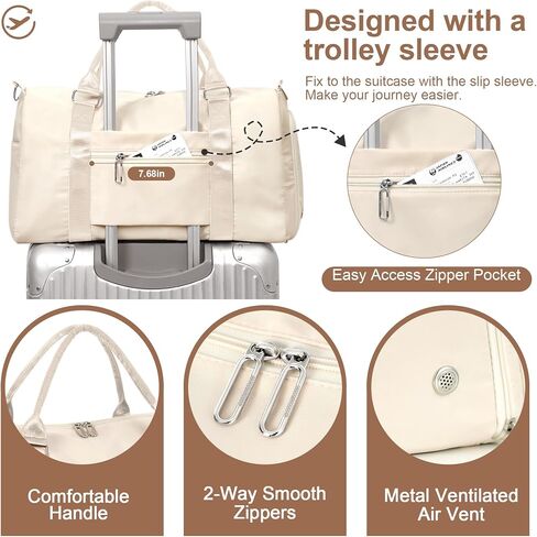 FIORETTO Womens Gym Tote Duffle Bag with Wet Pocket & Shoe Compartment, Sports Duffel Overnight Weekender Hospital Workout Carry on Bag for Girls, Ideal for Travel, Swimming, Dance, Ballet Beige in Saudi Arabia