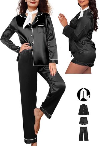 4pcs مجموعات بيجامات الساتان الحريرية للنساء XS-XXL Pajama Set Womens PJ Set Loungewear Long PJS Soft Sleepwear in Kuwait