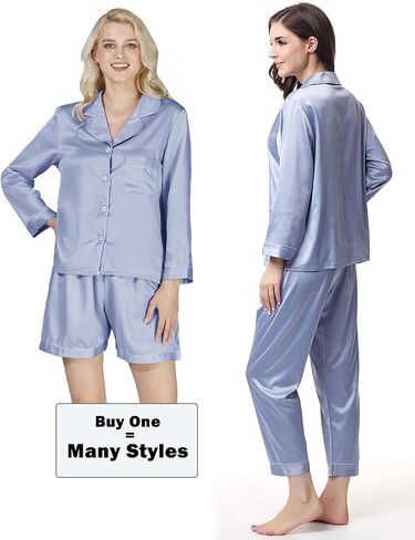 4pcs مجموعات بيجامات الساتان الحريرية للنساء XS-XXL Pajama Set Womens PJ Set Loungewear Long PJS Soft Sleepwear in Kuwait