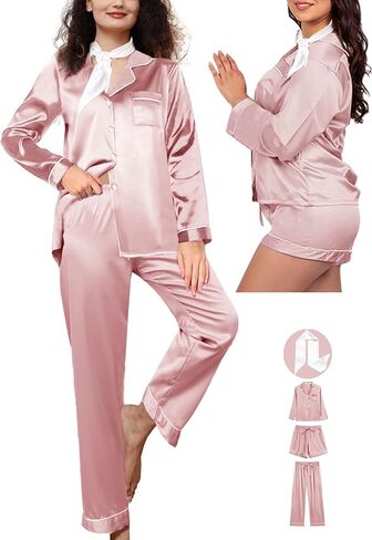 4pcs مجموعات بيجامات الساتان الحريرية للنساء XS-XXL Pajama Set Womens PJ Set Loungewear Long PJS Soft Sleepwear in Kuwait