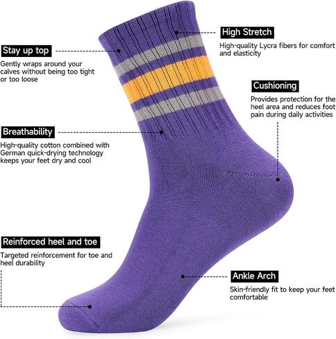 Women Tube Socks Anti Odor Crew Soft Combed Cotton Quick Dry Moisture Wicking Breathable Socks with Strips in Kuwait