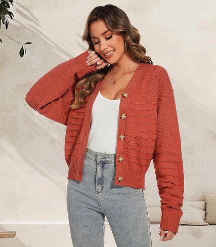 Women Fall Long Sleeve V Neck Cardigan Button Down Lightweight Cropped Cardigan Sweater Jackets in Kuwait