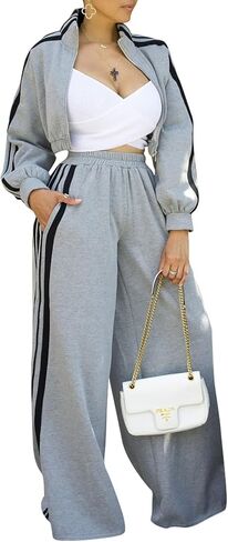 Akmipoem Sweatsuits Women 2 Piece Outfit Striped Tracksuit Long Sleeve Zipper Crop Sweatshirt Wide Leg Sweatpants Set in Kuwait