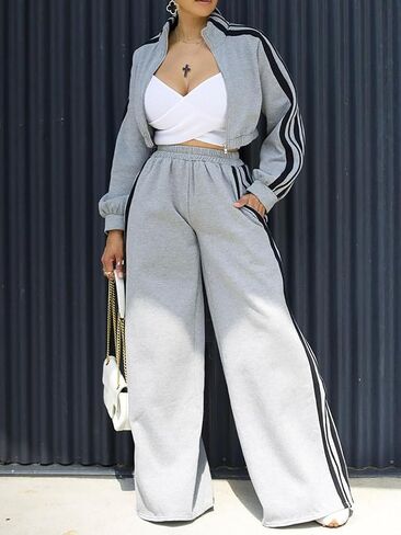 Akmipoem Sweatsuits Women 2 Piece Outfit Striped Tracksuit Long Sleeve Zipper Crop Sweatshirt Wide Leg Sweatpants Set in Kuwait
