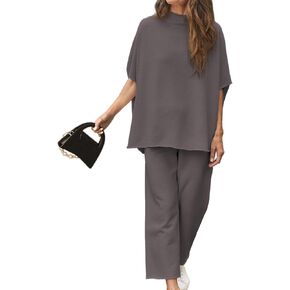 Women's Two Piece Outfits 3/4 Batwing Sleeve Capelet Crew Neck Pullover Top Wide Leg Pants Lounge Set(Dark Gray,XS), X-Small