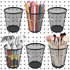 6 Sets Pegboard Cups with Ring, Metal Pegboard Bin with Hooks, Black Multipurpose Pegboard Organizer Accessories Pencil Holder Peg Boards for Desk Classroom Office Garage Workshop
