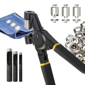 Heavy Duty Grommet Tool Kit, Handheld Puncher Set Leathercraft Punching Tool, Handheld Grommet Pliers with 6mm 10mm 12mm Silver Grommets for Awnings Curtains Belts