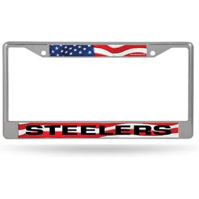Rico Industries NFL Pittsburgh Steelers American Flag 12" x 6" Silver Chrome Car/Truck/SUV Auto Accessory
