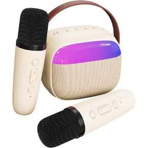 Mini Karaoke Machine for Kids,Portable Bluetooth Speaker with 2 Wireless Microphone and Dynamic Lights for Kids and Adults,Christmas Birthday Gifts for Boys Girls(Beige)