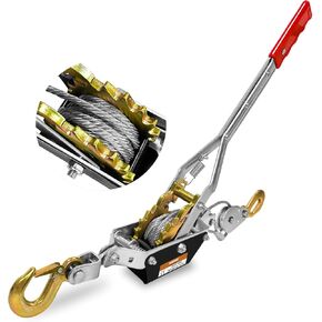 Come Along Winch Tool 2T, 2 Gear Come Along Power Ratchet Puller Tool with Cable 2 Hooks, Cable Winch Puller for Construction, Moving, Securing, Automotive