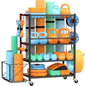 Dumbbell Rack, Weight Rack for Home Gym, 4-Tier 620LBS Metal Home Gym Storage with 2 Lockable Wheels & 4 Adjustable Hooks, kettlebell Rack for Yoga Mat Storage, Dumbbells, Kettlebell, Foam Roller, Resistance Bands