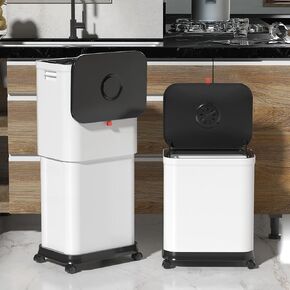 Kitchen Trash Can with Wheels,Adjustable Capacity 20L to 45L Rolling Trash Bin, Plastic Narrow and Height Garbage Can with Lid，Trash Can Dog Proof for Bathroom|Kitchen|Bedroom|Office