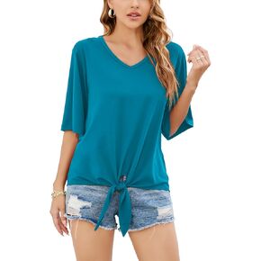 SUEANI Women's Tie Front Tops Summer V Neck 3/4 Bell Sleeve Twist Knot Shirt