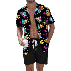 UOUA Men's Beach 2 Piece Outfits Hawaiian Flower Button Down Shirts and Shorts Sets