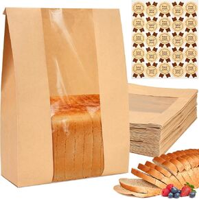 MADLYN RHUE 30 PCS Bread Bags for Homemade Bread, Sourdough Bread Bags with Windows, Brown Paper Bags with Stickers for Cookies, Bread and Baked Goods Packaging
