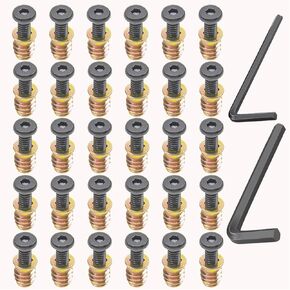 30 Sets 1/4-20 x 3/4" Furniture Screw Nut Threaded Inserts for Wood,1/4-20 x 19/32" Nut Threaded Wood Inserts Bolt Fastener Connector Hex Socket Drive Screw-in Nuts with Hex Spanner