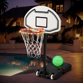 LED Pool Basketball Hoop, Height Adjustable 3-4.6 ft, 15" Light-Up Rim, Glow-in-The-Dark Ball with Pump, Portable Poolside Game for Adults & Teens, Red/Black
