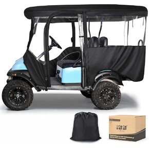 10L0L Golf Cart Driving Enclosure for 4 Passenger Club Car Precedent 94.5'' L Extended Roof Deluxe 600D Waterproof Windproof Heavy Duty Rain Cover with 4 Doors Clear PVC Side Mirror Openings