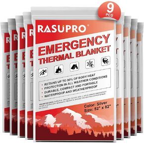 9 Pack Emergency Blankets, Outdoor Survival Emergency Insulated Gear, Mylar Thermal Space Insulated Blanket, Perfect for Camping, Hiking, Running, Marathon, Wilderness Rescue or First Aid