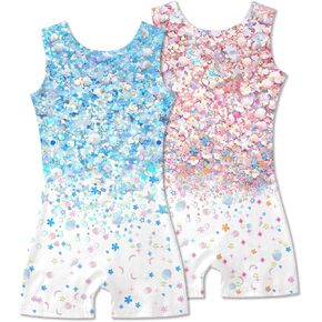 2 Packs Gymnastics Leotards for Girls Mermaid Leopard Dance Leotard Kids Biketard with Shorts