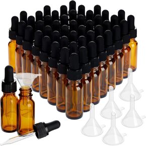 Juvale 48 Pack 0.5 Oz/15ml Amber Glass Empty Bottles with Droppers and 6 Funnels for Essential Oils, Aromatherapy, and Liquids (54 Pieces)