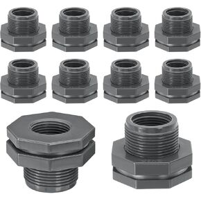 PATIKIL PVC Bulkhead Fitting 1" Female, 10 Pcs Double Threaded Bulkhead Water Tank Connector with Silicone Seal Gasket for Rain Bucket, Sinks, Aquariums, Gray