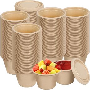 4 oz Bagasse Fiber Condiment Cups with Lids,100 Pack Disposable Souffle Cup,Biodegradable Sample Cups,Compostable Portion Cups for Snack Salad Dressing(Natural)