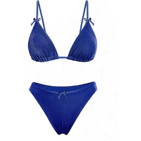 ZAFUL Bikini Sets for Women Mesh Velvet Thong Two Piece Swimsuit Triangle High Cut Bathing Suit Open Tie Back String Swimwear