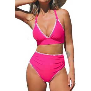 CUPSHE Women's Bikini Sets High Waisted Swimsuit Deep V Neck Crisscross Back Tie Stitching Ruched Full Coverage