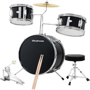 Soulmate Kids Drum Set 3-Piece 14 in Beginner Drum Set with Adjustable Throne, Cymbal, Pedal,8'' Tom 10'' Snare 14'' Bass Drum, Starter Drum Kit For Child 3+ years old, Black