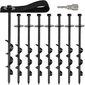 Set of 8 Trampoline Anchors High Wind Heavy Duty 12" Trampoline Stakes Kit with 8 Straps Ground Anchors Screw in for Trampolines Canopies Tent Securing Animals Outdoor Ground Anchor Stakes (Black)