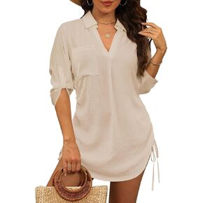 Swimsuit Coverup for Women Bathing Suit Cover Up Summer Swimwear Drawstring Beach Bikini Dress Shirt
