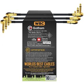 WORLDS BEST CABLES 3 Units - 10 Inch - Gotham GAC-1 Ultra Pro - Low-Cap (21pF/ft) Guitar Bass Effects Instrument, S-Shaped Patch Cable & Gold (6.35mm) Low-Profile R/A Pancake Plugs - Custom Made