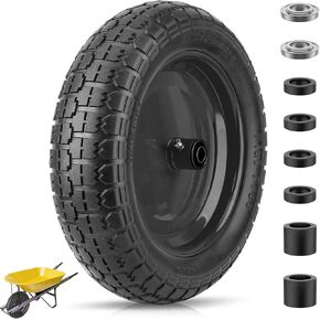 TICONN 4.80/4.00-8 Tire, 14.5" Flat Free Wheelbarrow Tire and Wheel, Solid Replacement Tire with 3" Centered Hub, 5/8" 3/4" Bearings, Universal Fit 4.80/4.00-8, 3.50/3.00-8, 4.00-6 (Black)
