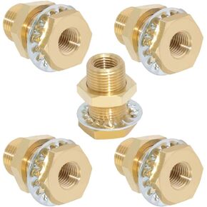 5 Pcs Brass Bulkhead Connector 1/4" Female x 1/4" Male NPT Straight Water Tank Pipe Fitting Anchor Coupling with Metal Wave Ring